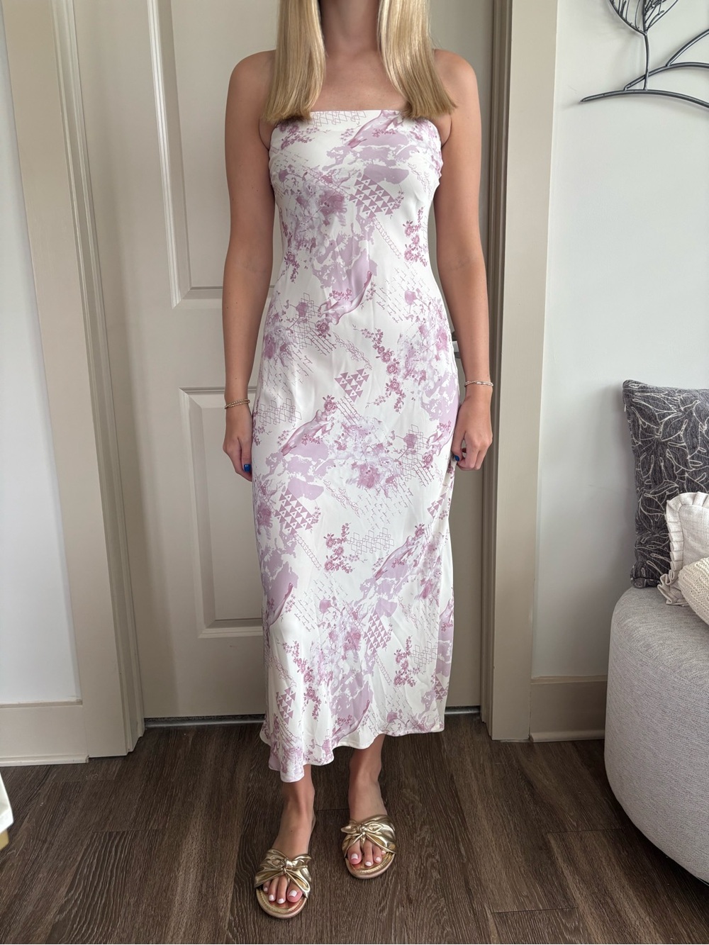 Strapless White satin stretch Dress with Lavender Print